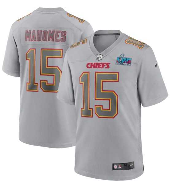 Mens Kansas City Chiefs #15 Patrick Mahomes Gray Super Bowl LVII Patch Atmosphere Fashion Stitched Game Jersey